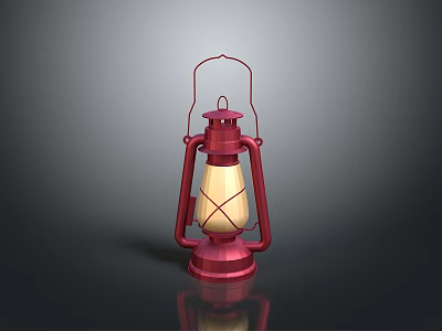 Red Vintage Lantern With Glass Panels And Warm Yellow Light On Dark Surface 3d model