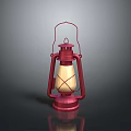 Red Vintage Lantern With Glass Panels And Warm Yellow Light On Dark Surface