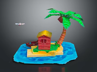 Tropical Island Scene With Palm Tree Red House Small Boat Wavy Water And Flying Airplane 3d model