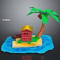 Tropical Island Scene With Palm Tree Red House Small Boat Wavy Water And Flying Airplane