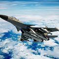 Military Fighter Jet Flying High Above Cloudy Blue Sky With Weapons
