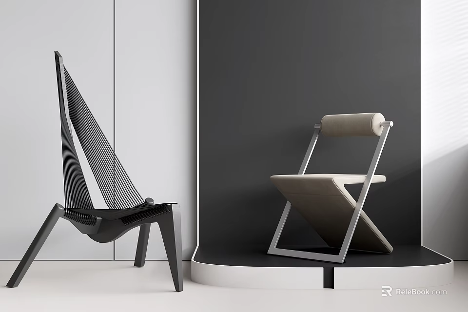 Modern Stylish Lounge Chairs With Black Mesh And Beige Leather Seats Metal Frame Design 3d model 