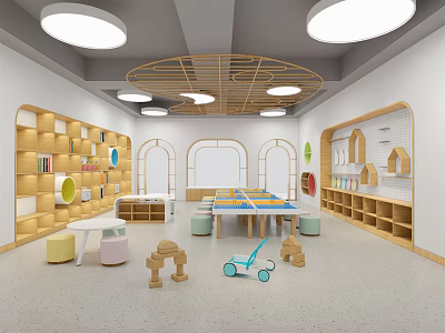School Bright Child Friendly Classroom With Shelves Books Colorful Seats And Building Blocks 3d model