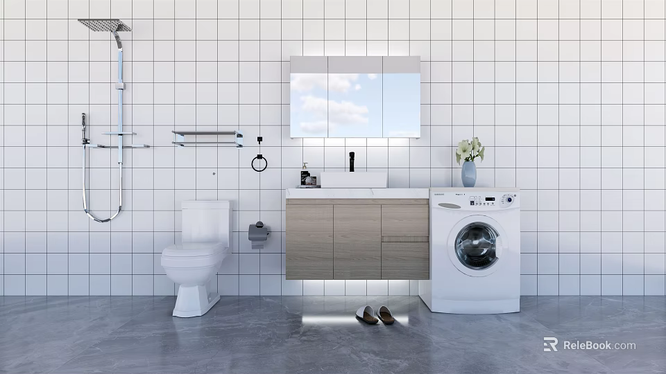 Modern Bathroom Sink with Wooden Cabinet Mirror Washing Machine Toilet White Tiles and Slippers 3d model 