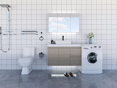 Modern Bathroom Sink with Wooden Cabinet Mirror Washing Machine Toilet White Tiles and Slippers 3d model