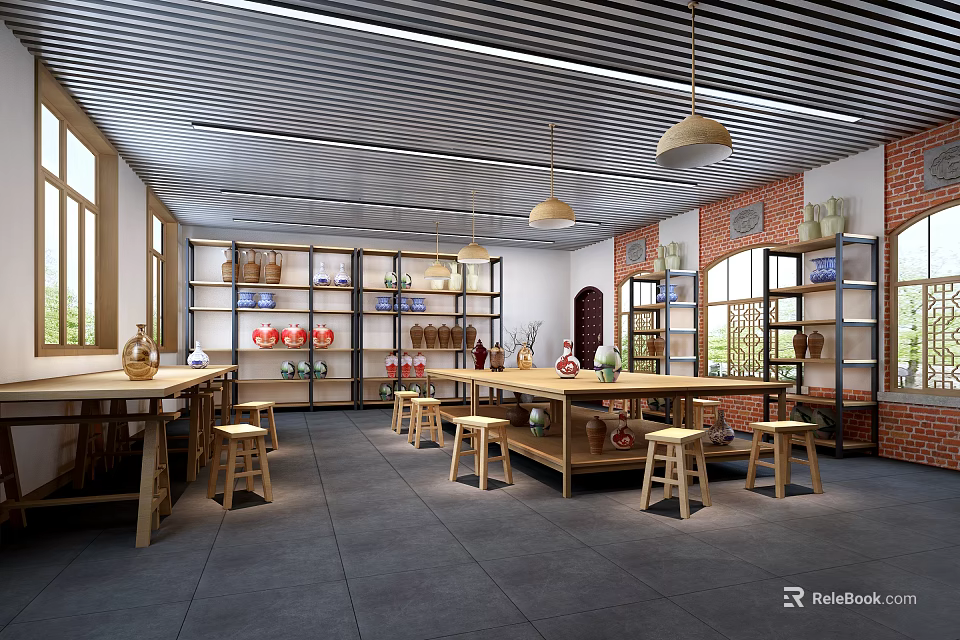 Bright Public Office Area With Open Layout Workstations And Wooden Bookshelves 3d model 