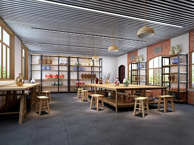 Bright Public Office Area With Open Layout Workstations And Wooden Bookshelves 3d model