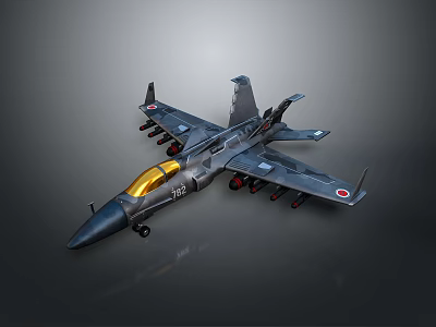 Detailed Dark Gray Fighter Jet Model With Golden Canopy And Japanese Flag Markings 3d model