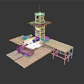 Modern Military Watchtower Structure With Wooden Platform And Green Vehicle Design
