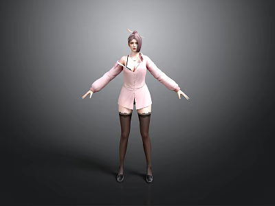Female Character With Pink Hair Wearing Pink Coat Black Stockings And Black Shoes Standing 3d model