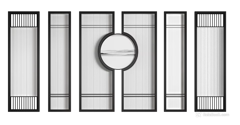 Modern Glass Partition Design with Vertical Stripes and Circular Window Frames 3d model