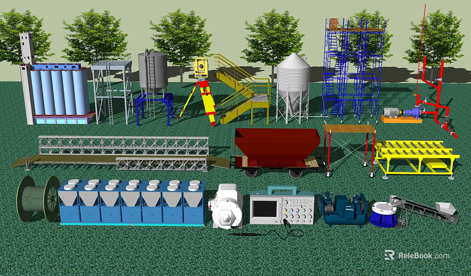 Industrial Equipment Setup With Silos Pipes Ladders Carts And Control Cabinets 3d model 