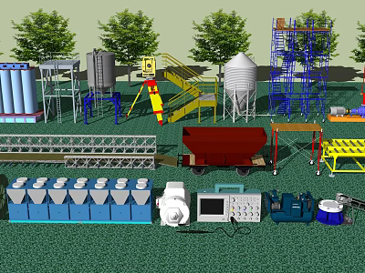 Industrial Equipment Setup With Silos Pipes Ladders Carts And Control Cabinets 3d model