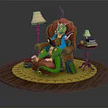 Green Dragon Reading Book On Brown Armchair With Side Table Lamp And Books