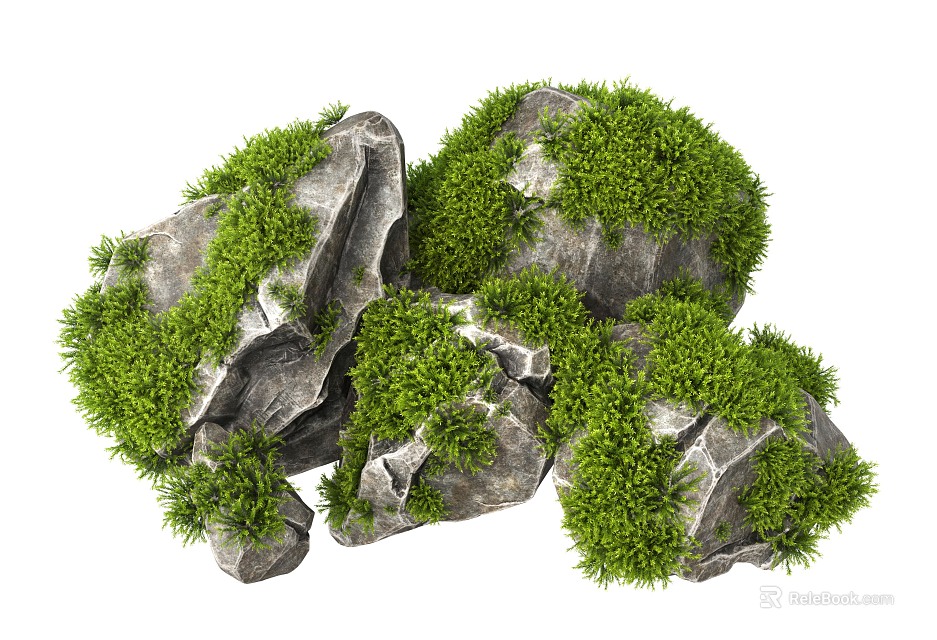 Rockery Stones With Green Moss And Natural Surface Texture For Garden Decoration 3d model 