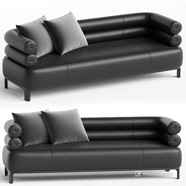 Modern Black Leather Multi Seat Sofa With Grey Cushions And Cylindrical Armrests 3d model 