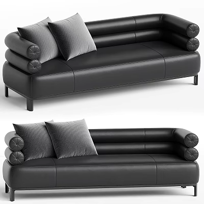 Modern Black Leather Multi Seat Sofa With Grey Cushions And Cylindrical Armrests 3d model
