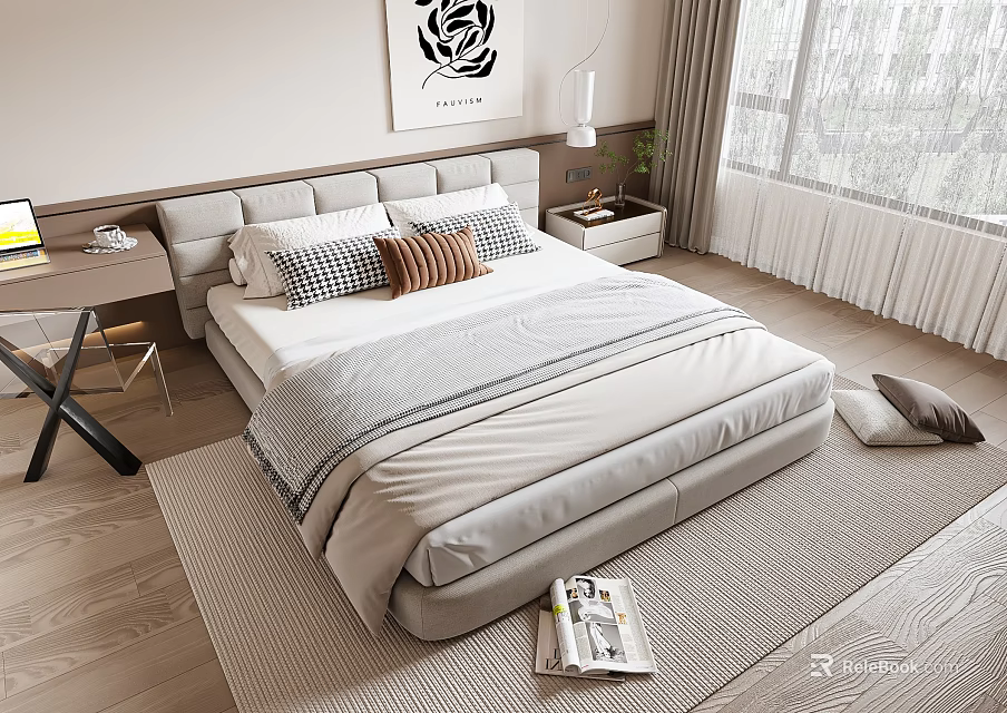 Modern Double Bed in Bedroom with Gray Bedding Patterned Pillows Side Table Lamp and Curtains 3d model 