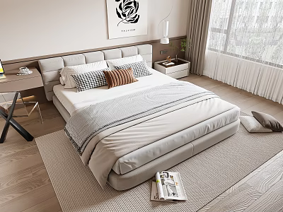 Modern Double Bed in Bedroom with Gray Bedding Patterned Pillows Side Table Lamp and Curtains 3d model