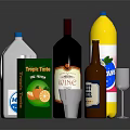 Assorted Wine Bottles and Glassware with Fruit Juice Vinegar Soft Drink and Measuring Cup