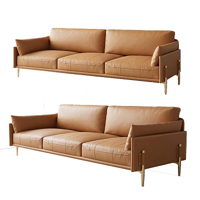 Brown Leather Three Seater Sofa in Modern Design with Gold Metal Legs 3d model