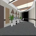 Modern Public Office Space With Workstations Computers Potted Plant And Triangular Wall Decorations 3d model