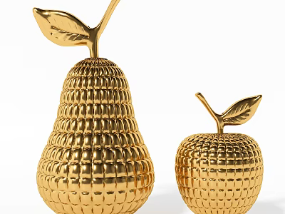 Golden Fruit Shaped Decorative Ornament Set with Pear Apple Woven Texture and Leaf Accents 3d model