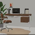 Stylish Wooden Desk Setup With Laptop Lamp Books Coffee Cup And Green Plant