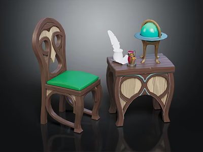 Wooden Table And Chair Set With Green Cushion Unique Design And Decorative Globe Ornament 3d model
