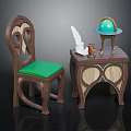 Wooden Table And Chair Set With Green Cushion Unique Design And Decorative Globe Ornament