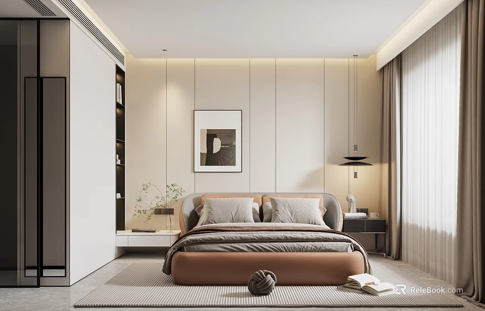 Modern Bedroom Interior Featuring Comfortable Bed Gray Pillows Wall Art Soft Curtains And Nightstand Lamp 3d model 