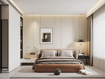 Modern Bedroom Interior Featuring Comfortable Bed Gray Pillows Wall Art Soft Curtains And Nightstand Lamp 3d model