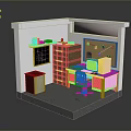 Green Desk Filing Cabinet in Compact Office with Wooden Chair Chalkboard Bulletin Board and Computer