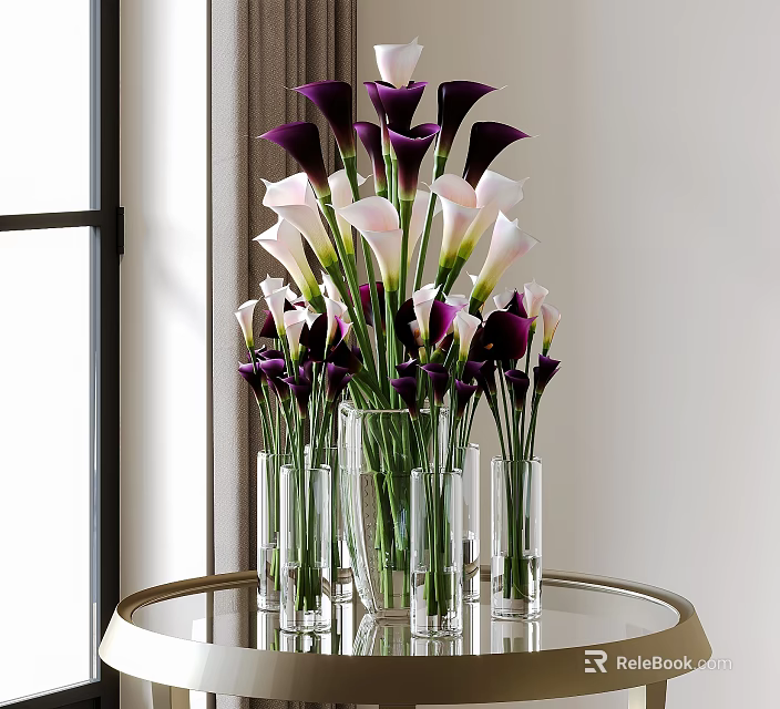Beautiful Purple And White Calla Lilies In Glass Vases On Round Table With Natural Light 3d model 
