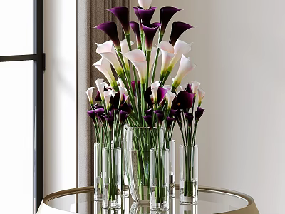 Beautiful Purple And White Calla Lilies In Glass Vases On Round Table With Natural Light 3d model
