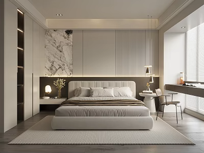 Modern Bedroom Interior With Marble Wall Decor Wooden Slat Wall Bed Nightstand And Desk 3d model