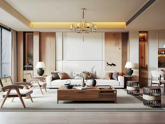 New Chinese Style Song Guest Restaurant Chandelier Sofa Coffee Table Combination Sideboard Dining Table and Chair 3d model