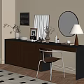 Modern Dresser Interior With Round Mirror Table Lamp Vase Photo Frame Window Blinds And Chair