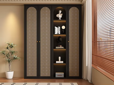 Elegant Black Lattice Wardrobe With Open Shelving Statue Books Lamp Potted Plant Window Blinds 3d model