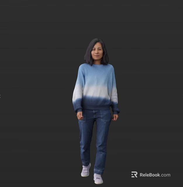 Woman Wearing Blue And White Gradient Sweater With Blue Jeans Standing Against Gray Background 3d model 