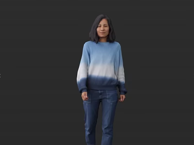 Woman Wearing Blue And White Gradient Sweater With Blue Jeans Standing Against Gray Background 3d model