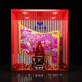 Red Window Display With Vertical Stripes Wine Bottle Shape And Gold Fans Decoration