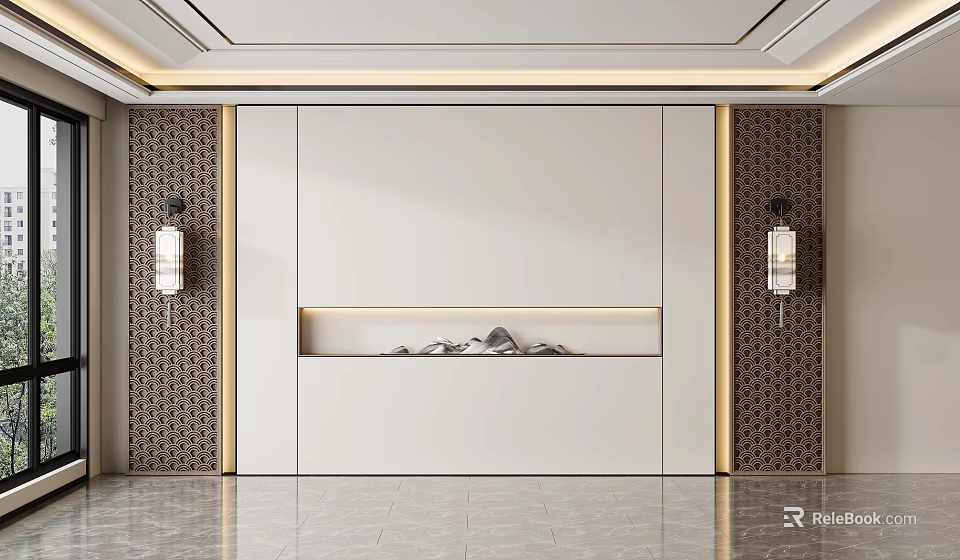 Modern Sofa Background Wall With Textured Panels Wall Sconces And Stone Decor 3d model 