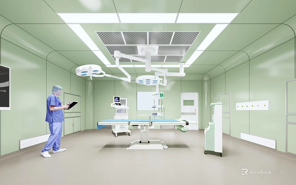 Hospital Outpatient Operating Room Medical Staff With Tablet Green Walls Surgical Lights And Equipment 3d model 