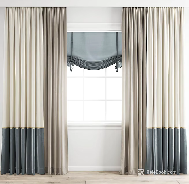 Beige and Dark Gray Curtains with Gray Valance for White Grid Window Treatment 3d model 