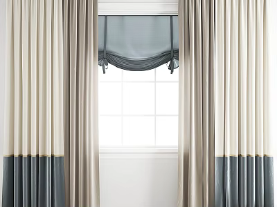 Beige and Dark Gray Curtains with Gray Valance for White Grid Window Treatment 3d model