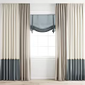 Beige and Dark Gray Curtains with Gray Valance for White Grid Window Treatment