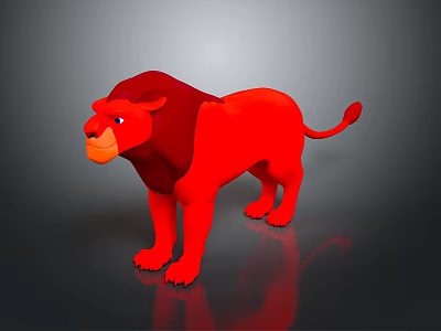 Detailed Red 3D Lion Character Standing On Shiny Black Background Surface 3d model