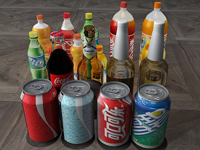 Assorted Bottled And Canned Beverages Including Soft Drinks And Beer Varieties 3d model