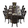 Elegant Dining Table Setup With Eight Chairs Tableware Wine Glasses And Green Plant Decorations